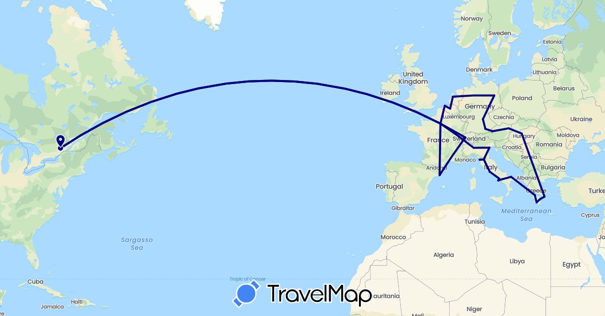 TravelMap itinerary: driving in Austria, Belgium, Canada, Switzerland, Germany, Spain, France, Greece, Hungary, Italy, Netherlands, Serbia (Europe, North America)