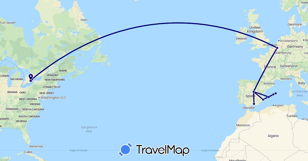 TravelMap itinerary: driving in Belgium, Canada, Spain (Europe, North America)