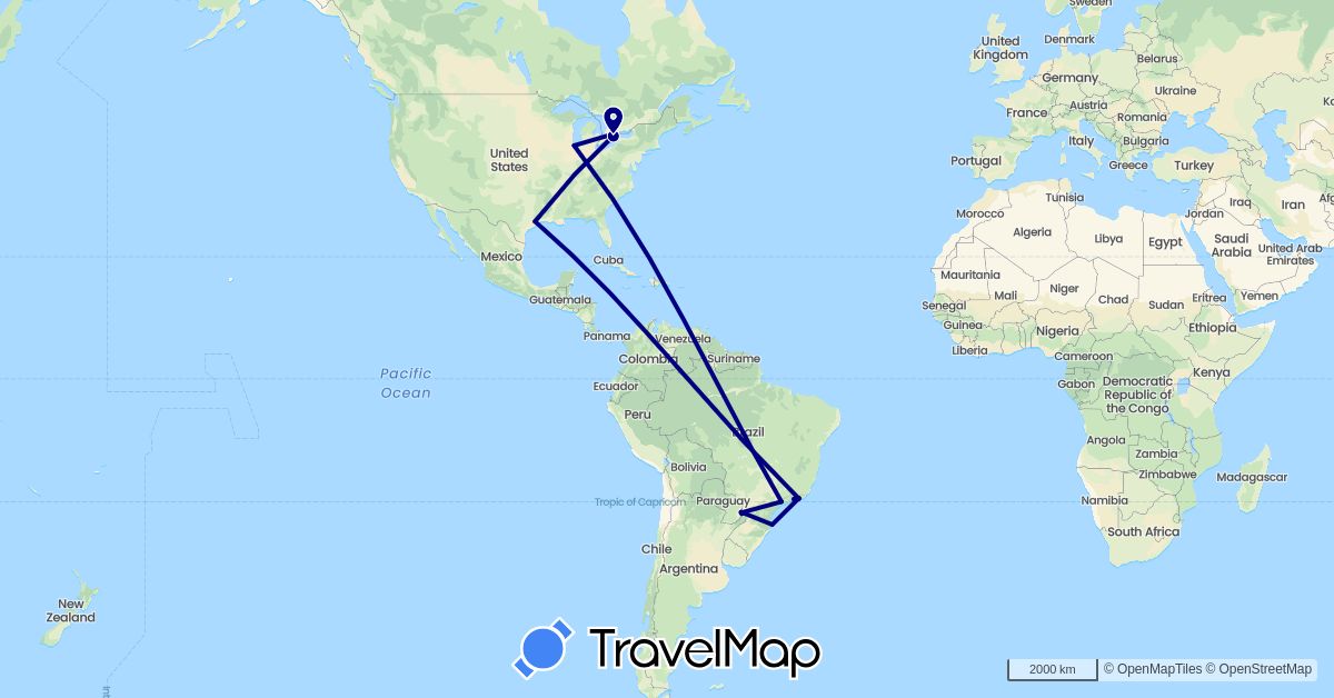 TravelMap itinerary: driving in Argentina, Brazil, Canada, Paraguay, United States (North America, South America)